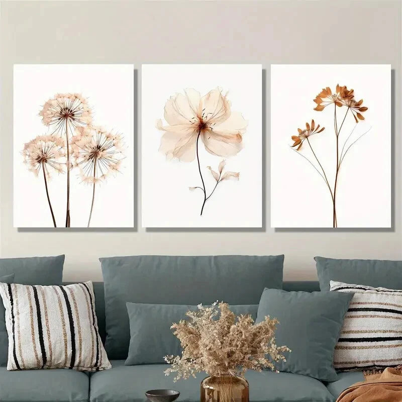3pcs wildflower murals, neutral toned florals, Metal Print Ready to Hang Art