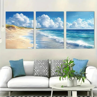 3pcs Beautiful Watercolor Panoramic Beach Metal Print Ready to Hang Art