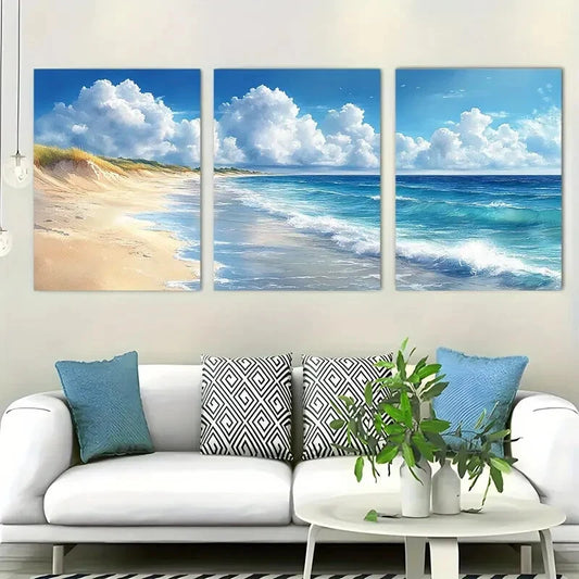 3pcs Beautiful Watercolor Panoramic Beach Metal Print Ready to Hang Art