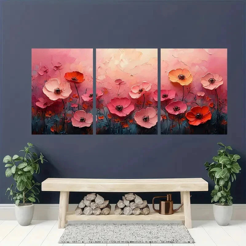 3pcs Floral Textured Abstract Oil Paintings Metal Print Ready to Hang Art