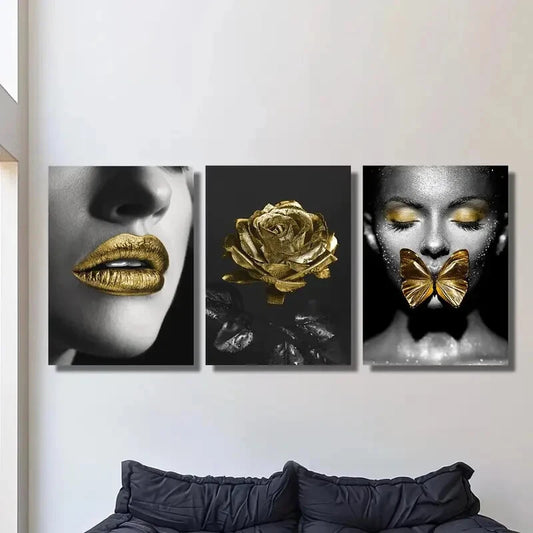 3pcs girl with golden butterflies, golden roses Metal Print Ready to Hang Art
