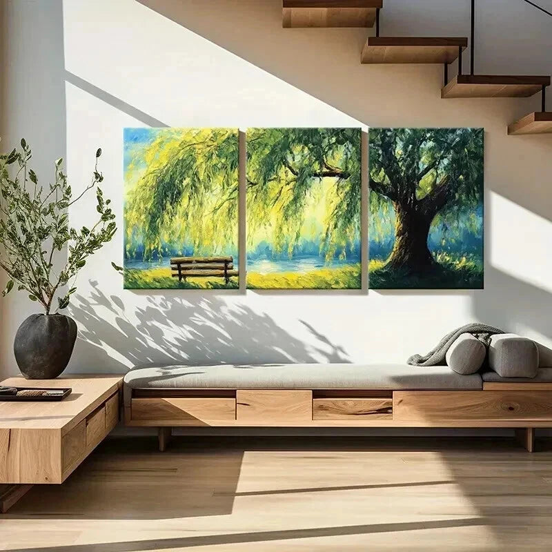 3pcs Willow Tree Serene Lake Wooden Bench Wall Art Set Canvas Framed 40x60cm - High Quality Print 100% Australian Made Wall Canvas Ready to Hang