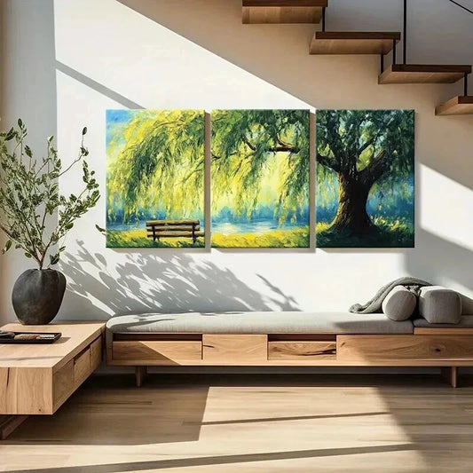 3pcs Willow Tree Serene Lake Wooden Bench Wall Art Set Canvas Framed 40x60cm - High Quality Print 100% Australian Made Wall Canvas Ready to Hang