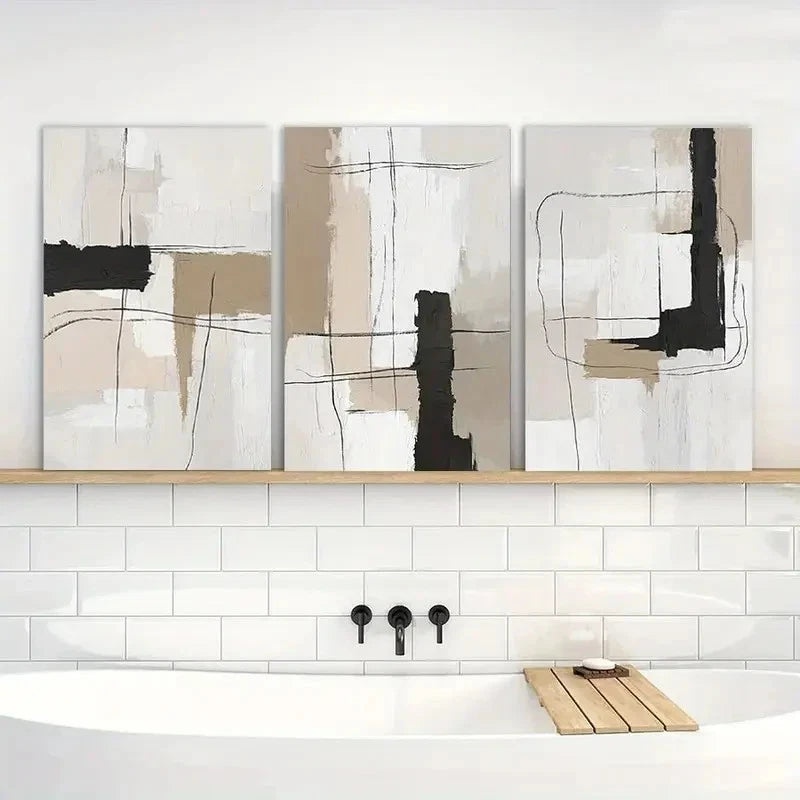 3pcs Neutral Abstract Black White Beige Metal Print Ready to Hang Art