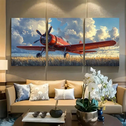 3pcs Classic Red Biplane Flying Metal Print Ready to Hang Art