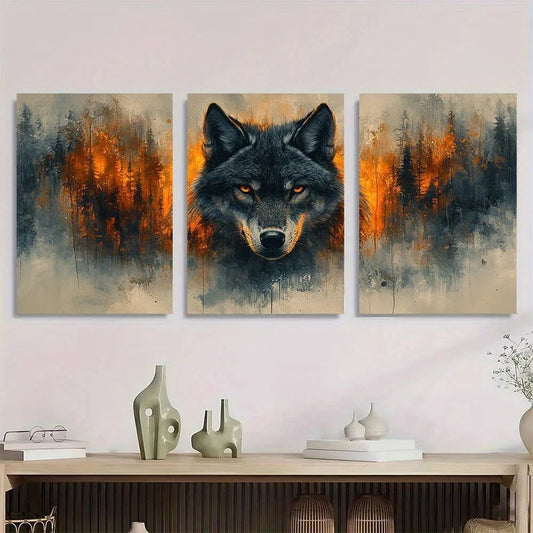 3pcs Dark Fantasy Gothic Wolf Golden Eyes Black Metal Print Ready to Hang Art