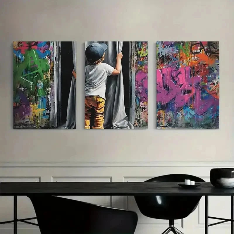 3pcs Boy Revealing Graffiti Behind Curtain Metal Print Ready to Hang Art