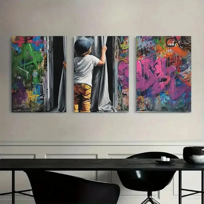 3pcs Boy Revealing Graffiti Behind Curtain Metal Print Ready to Hang Art