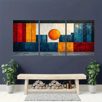 3pcs Blue White Orange & Red Geometric Designs Metal Print Ready to Hang Art