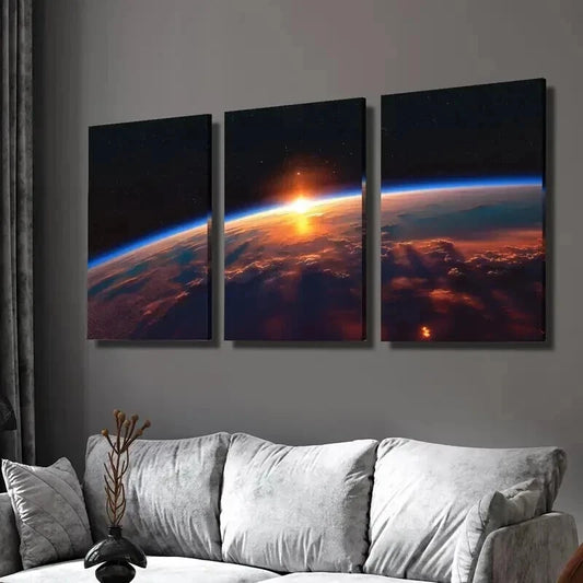 3pcs View of Sunrise on earth from the Space Wall Art Set Canvas Framed 40x60cm - High Quality Print 100% Australian Made Wall Canvas Ready to Hang