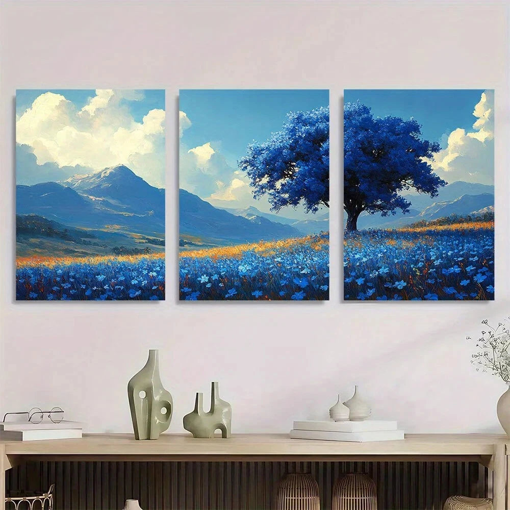 3pcs Modern Blue Tree Meadow Mountains and Flowers Metal Print Ready to Hang Art
