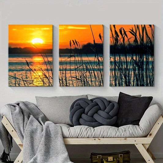 3pcs Lake View Sunset Grasses Metal Print Ready to Hang Art