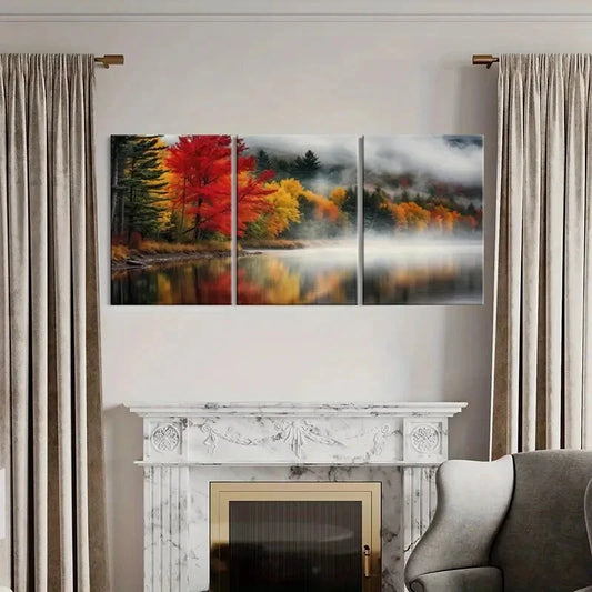 3pcs Autumn Colors Misty Lake Vibrant Trees Metal Print Ready to Hang Art