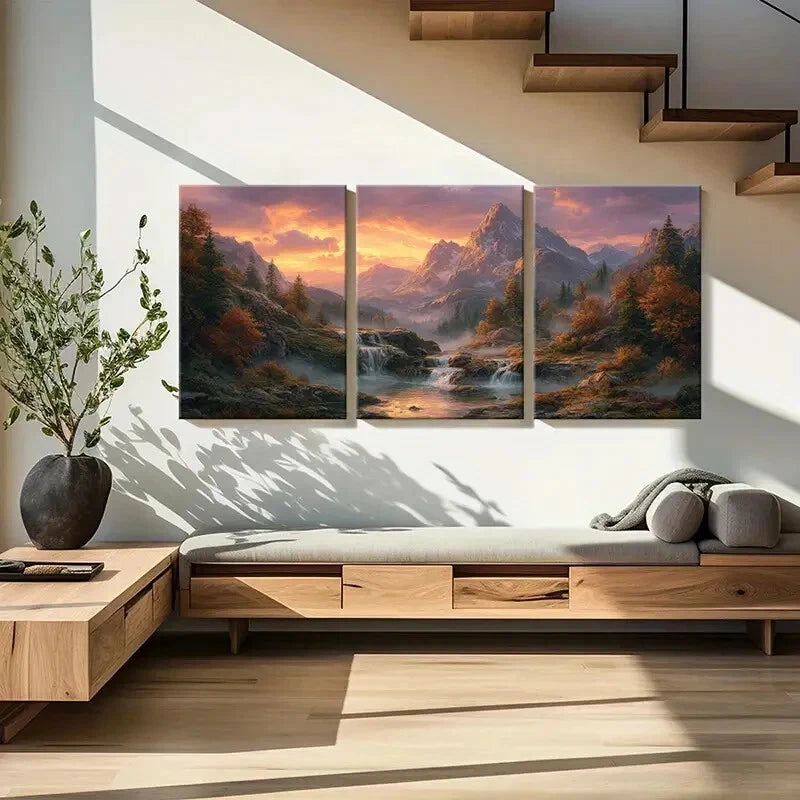 3pcs Mountain Sunset Forest Stream Autumn Colors Metal Print Ready to Hang Art
