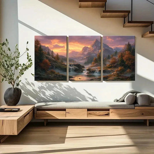 3pcs Mountain Sunset Forest Stream Autumn Colors Metal Print Ready to Hang Art