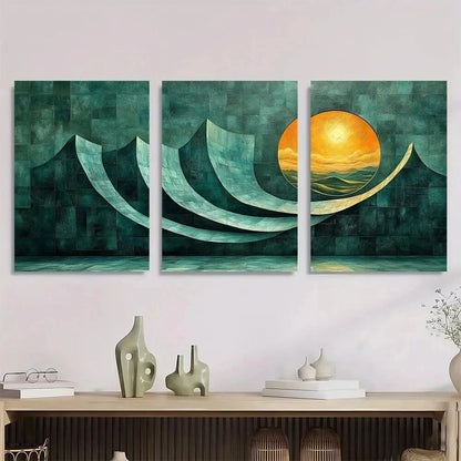 3pcs Green & Blue Abstract Moonlit Metal Print Ready to Hang Art