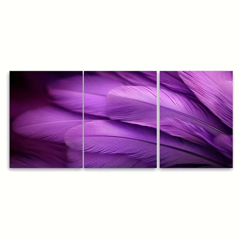 3pcs Purple Feather Close Up Photography Metal Print Ready to Hang Art