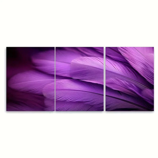 3pcs Purple Feather Close Up Photography Metal Print Ready to Hang Art