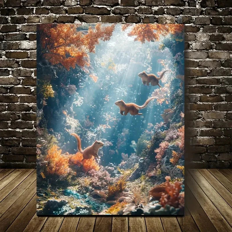 Coral Reef Scene with Squirrels Sunbeams Painting 40x60cm Metal Print Ready to Hang