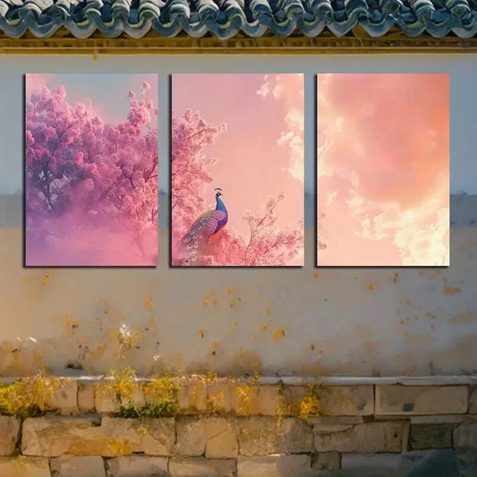 3pcs Render of Peacock on The Tree Design Metal Print Ready to Hang Art