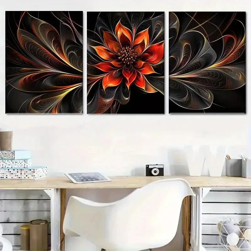 3pcs Floral Art with Intricate Golden Details Metal Print Ready to Hang Art