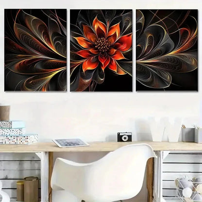 3pcs Floral Art with Intricate Golden Details Metal Print Ready to Hang Art