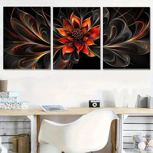 3pcs Floral Art with Intricate Golden Details Metal Print Ready to Hang Art