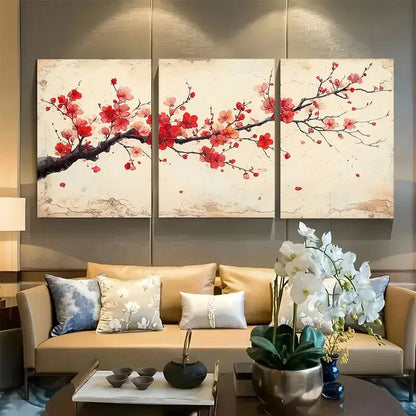 3pcs Cherry Blossom Chinoiserie Japanese Design Metal Print Ready to Hang Art