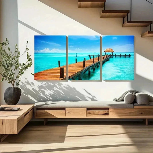 3pcs Seaside Landscape Art Pier Sea Wall Art Set Canvas Framed 40x60cm - High Quality Print 100% Australian Made Wall Canvas Ready to Hang