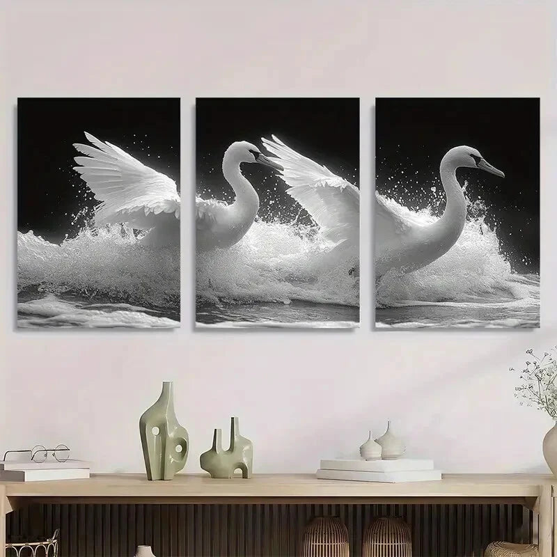 3pcs Black and White Swans White Wings Metal Print Ready to Hang Art