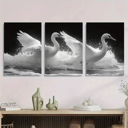 3pcs Black and White Swans White Wings Metal Print Ready to Hang Art