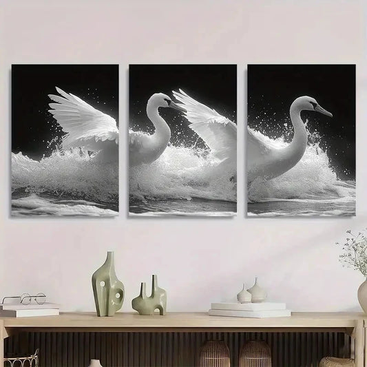 3pcs Black and White Swans White Wings Metal Print Ready to Hang Art
