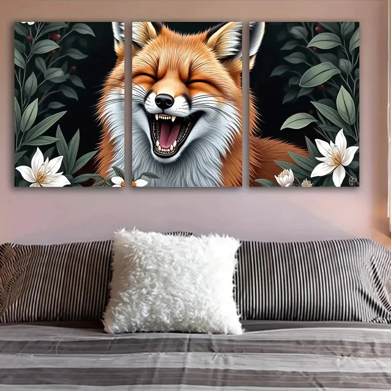 3pcs Red Fox & Floral Botanical Metal Print Ready to Hang Art