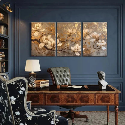 3pcs Magnolia Golden Leaf Floral Art Vintage Metal Print Ready to Hang Art