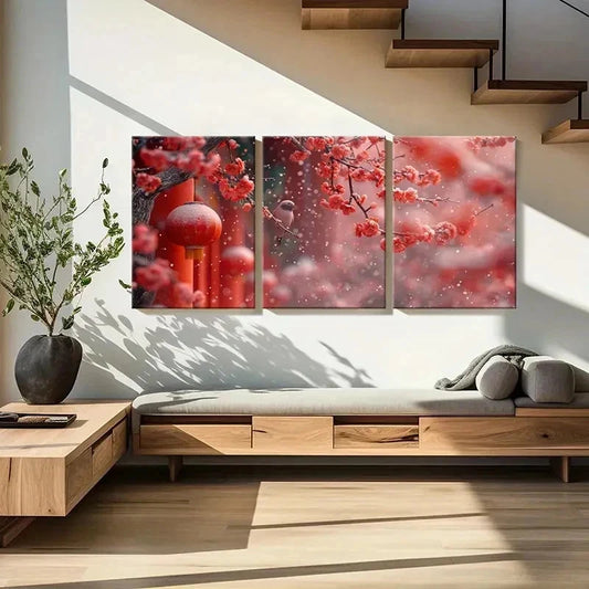 3pcs Red Festive Plum Blossoms Chinese Wall Art Set Canvas Framed 40x60cm - High Quality Print 100% Australian Made Wall Canvas Ready to Hang