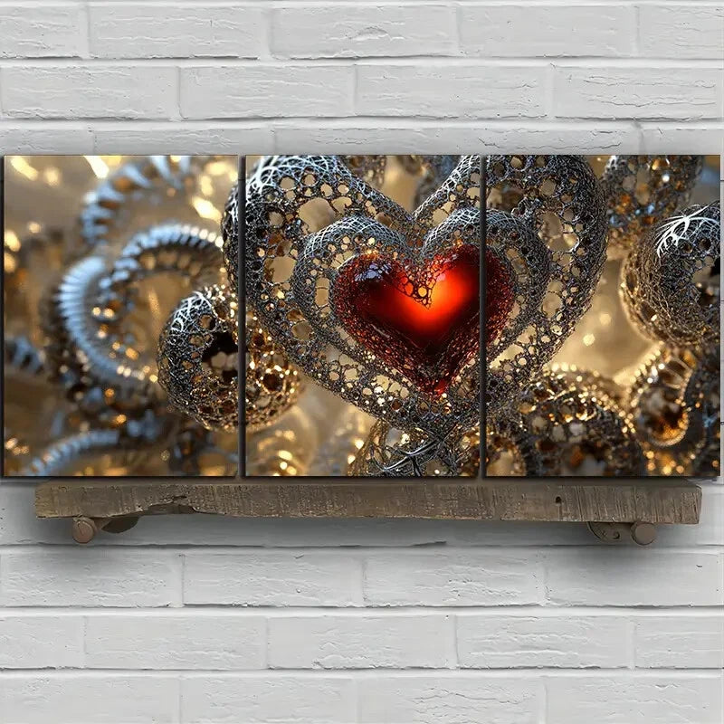 3pcs Love Themed Red Heart Silver Themed Metal Print Ready to Hang Art
