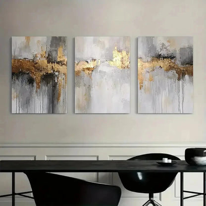 3pcs Rustic Abstract Golden & Gray Metal Print Ready to Hang Art