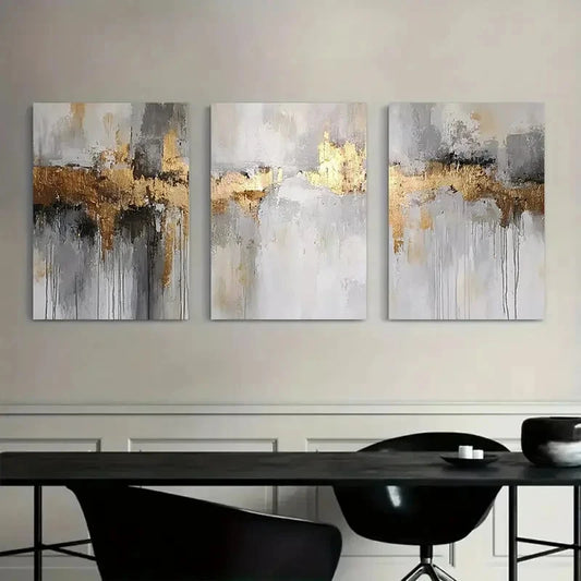 3pcs Rustic Abstract Golden & Gray Metal Print Ready to Hang Art