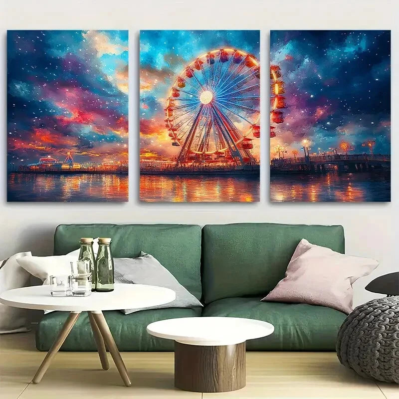 3pcs Vaporwave ferris wheel watercolor Metal Print Ready to Hang Art
