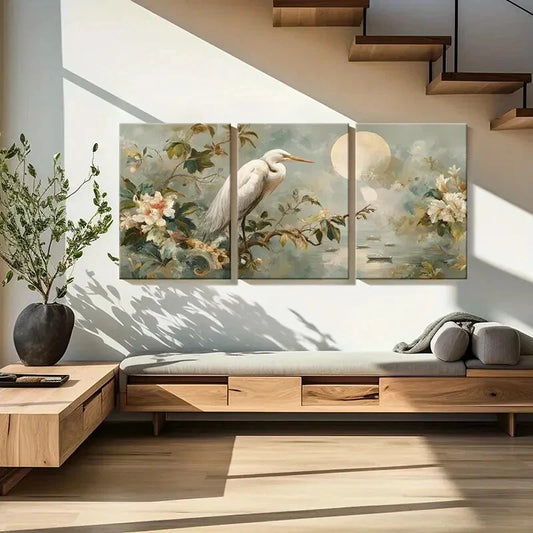 3pcs Elegant White Heron & Floral Moonlit Metal Print Ready to Hang Art