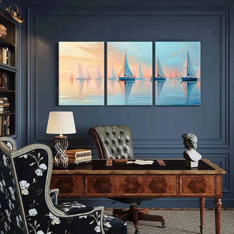 3pcs Sailing Boats Serene Ocean Pastel Sky Metal Print Ready to Hang Art