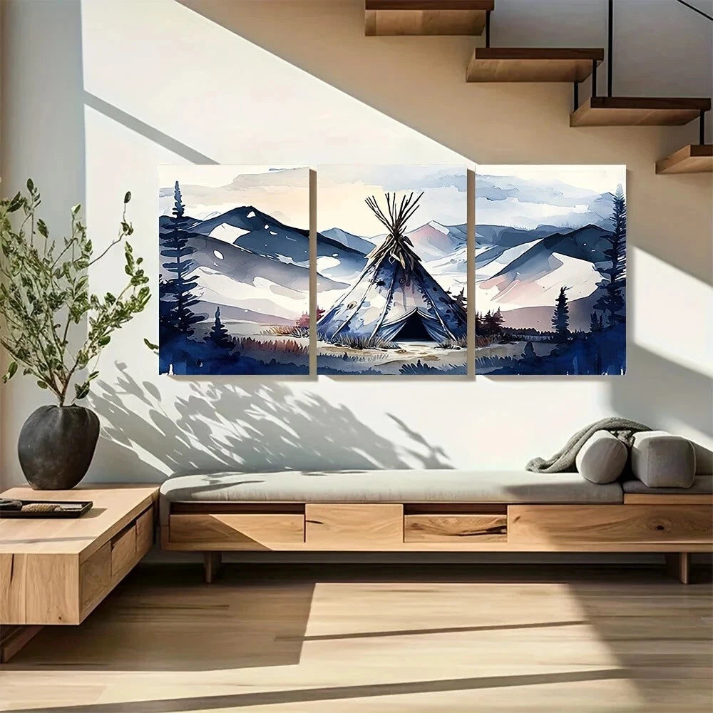 3pcs Blue Mountain Native American Metal Print Ready to Hang Art