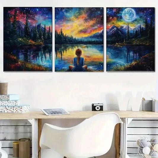 3pcs Starry Night Landscape Mountain Perfect Wall Art Set Canvas Framed 40x60cm - High Quality Print 100% Australian Made Wall Canvas Ready to Hang