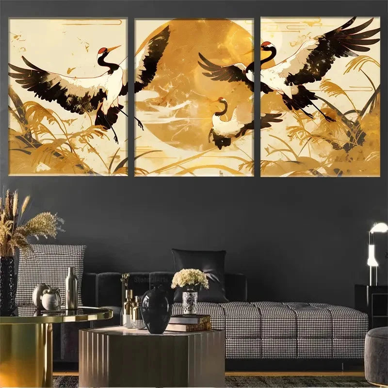 3pcs Traditional Chinese Golden Red-Headed Cranes Metal Print Ready to Hang Art