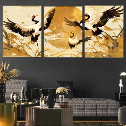 3pcs Traditional Chinese Golden Red-Headed Cranes Metal Print Ready to Hang Art