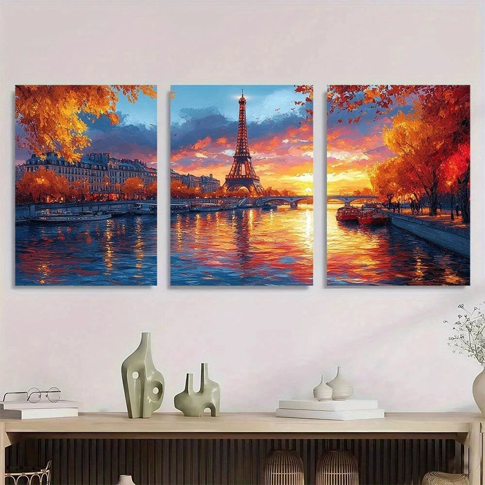 3pcs Paris Eiffel Tower Vibrant Autumn Scenery Metal Print Ready to Hang Art