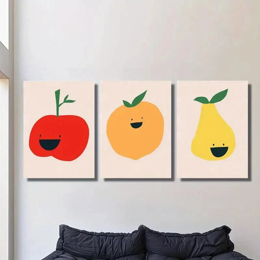3pcs Simple Fruit Prints, Apples, Lemons, Pears, Metal Print Ready to Hang Art - Bella Home Decor