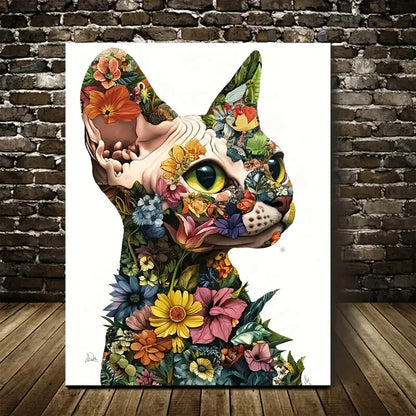 Vibrant Floral Sphynx Kitten Colorful Flowers Painting 40x60cm Metal Print Ready to Hang
