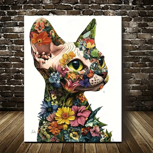 Vibrant Floral Sphynx Kitten Colorful Flowers Painting 40x60cm Metal Print Ready to Hang