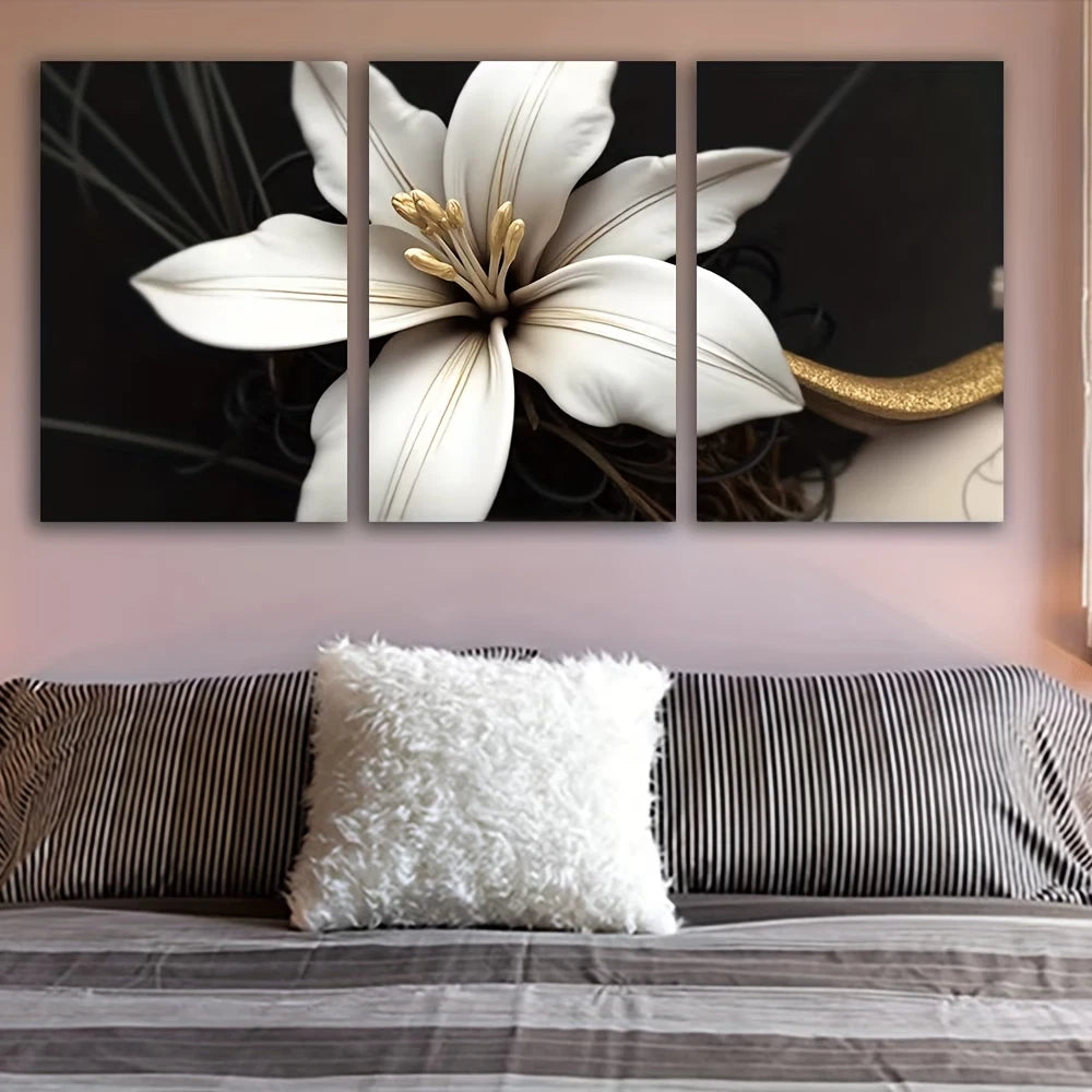 3pcs White Flowers on Black Painting Wall Art Set Canvas Framed 40x60cm - High Quality Print 100% Australian Made Wall Canvas Ready to Hang